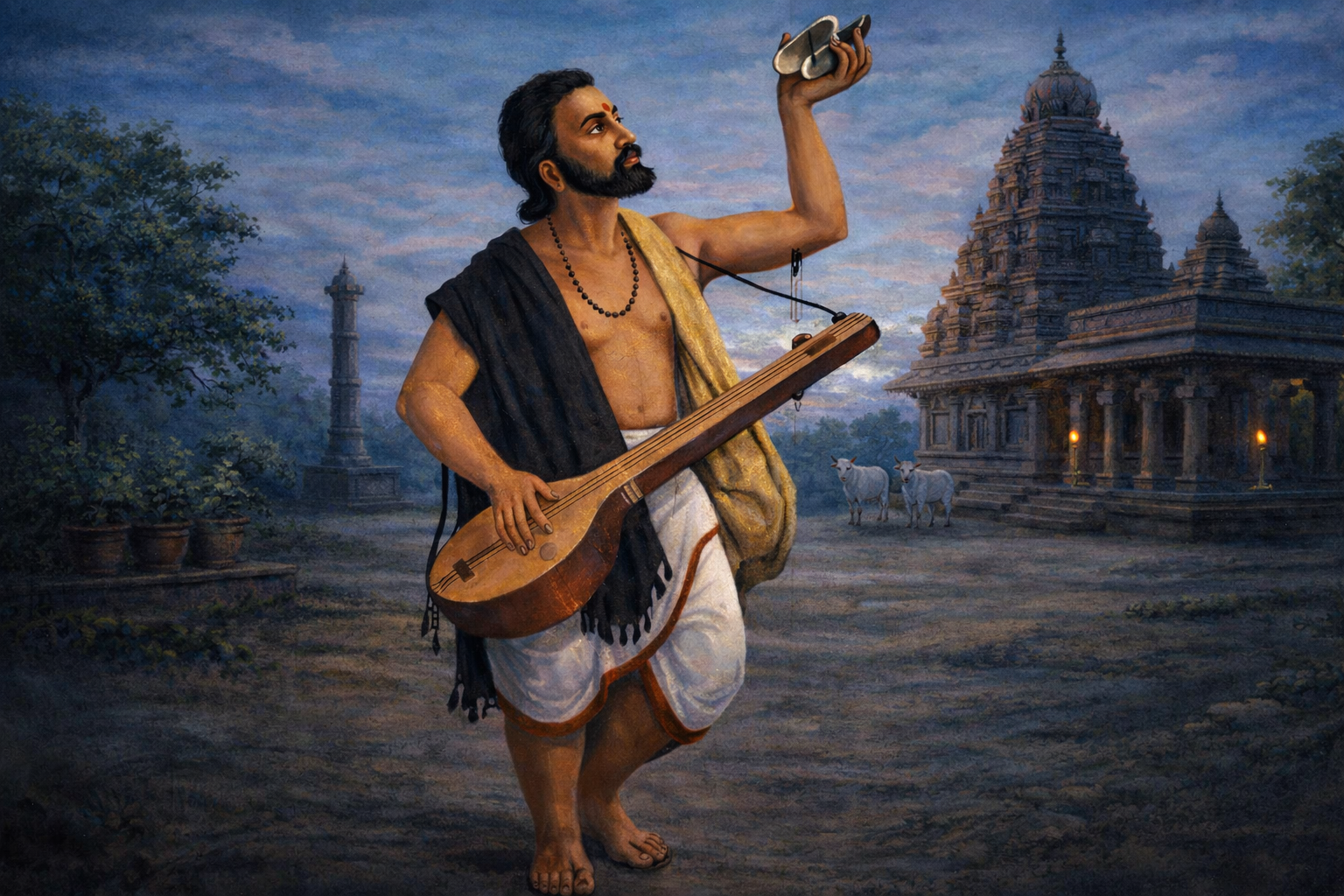 Kanakadasa with tambura near a temple