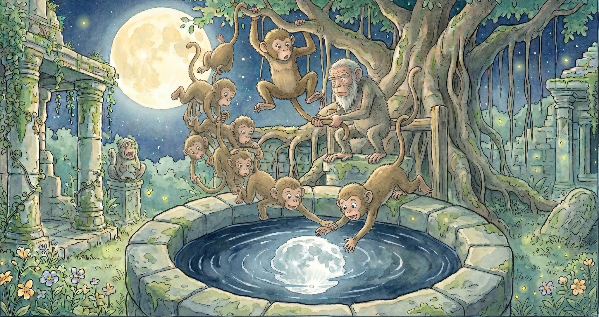 Monkeys around a moonlit well